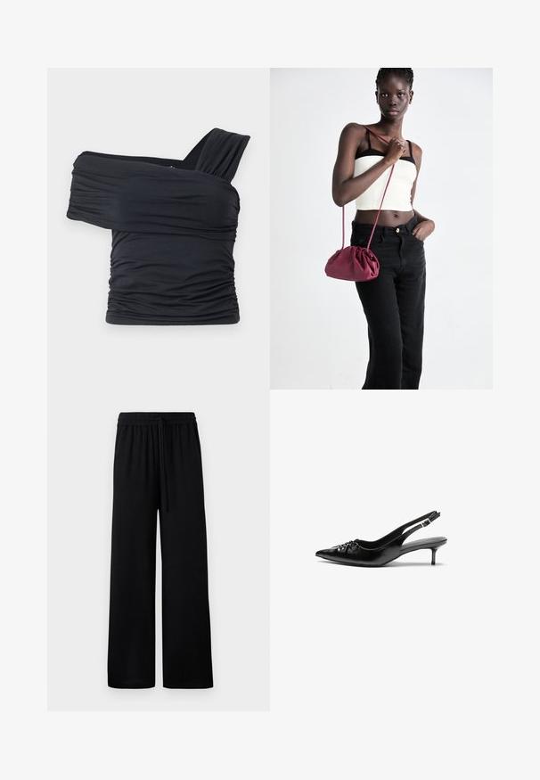 Black off-shoulder top made from soft, stretchy fabric, featuring ruched details and a wide strap design on one side.; Black wide-leg trousers with an elastic waistband and adjustable drawstring. Smooth fabric with no visible patterns or accents.; Black leather slingback heels with a pointed toe, low kitten heel, and gathered detail on the vamp. Smooth texture and minimalist design.; Burgundy soft fabric handbag with a gathered design and a long strap, worn crossbody. Model wears a white crop top and black jeans.