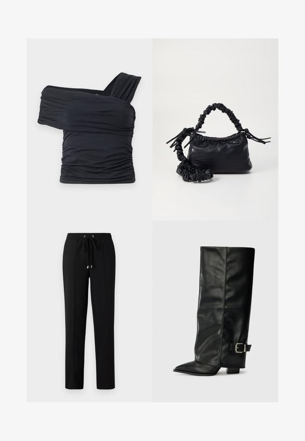 Top noir à épaules dénudées en tissu doux et extensible, présentant des détails froncés et une conception de large bretelle d'un côté.; Pantalons noirs avec une taille élastique, un cordon de serrage et des accents en métal doré. Le tissu a une texture lisse avec un design à jambes droites.; Bottes noires en cuir longueur cheville avec un bout pointu, texture lisse et une accent en boucle argentée sur le côté. Talon carré épais.; Sac à main en simili cuir noir avec une texture crocodile, un dessus resserré et une sangle froncée. A l'apparence douce et compacte.