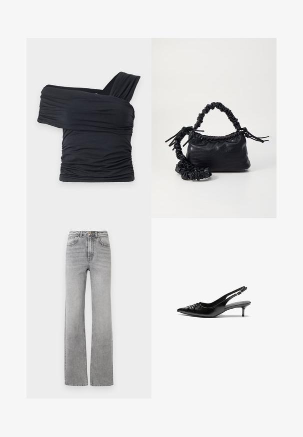 Crna bluzica bez naramenica napravljena od mekog, rastezljivog materijala, sa nabranim detaljima i širokim remenom s jedne strane.; Ravne traperice od izbleđenog sivog denima s kopčanjem na dugmad i patentni zatvarač, prednjim džepovima i petljama za remen na bijeloj pozadini.; Crne kožne sandale na petu s remenom oko pete, špicastim vrhom, niskom petom u stilu kitten i naboranim detaljem na gornjem dijelu. Glatka tekstura i minimalistički dizajn.; Crna torba od umjetne kože s teksturom krokodila, s cinčanim vrhom i naboranom trakom. Izgleda mekano i kompaktno u dizajnu.