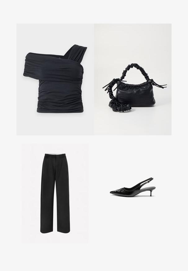 Black off-shoulder top made from soft, stretchy fabric, featuring ruched details and a wide strap design on one side.; Black wide-leg trousers made from a smooth fabric, featuring a tailored design, front pleats, and belt loops at the waistband.; Black leather slingback heels with a pointed toe, low kitten heel, and gathered detail on the vamp. Smooth texture and minimalist design.; Black faux leather handbag with a crocodile texture, cinched top, and a scrunched strap. Appears soft and compact in design.