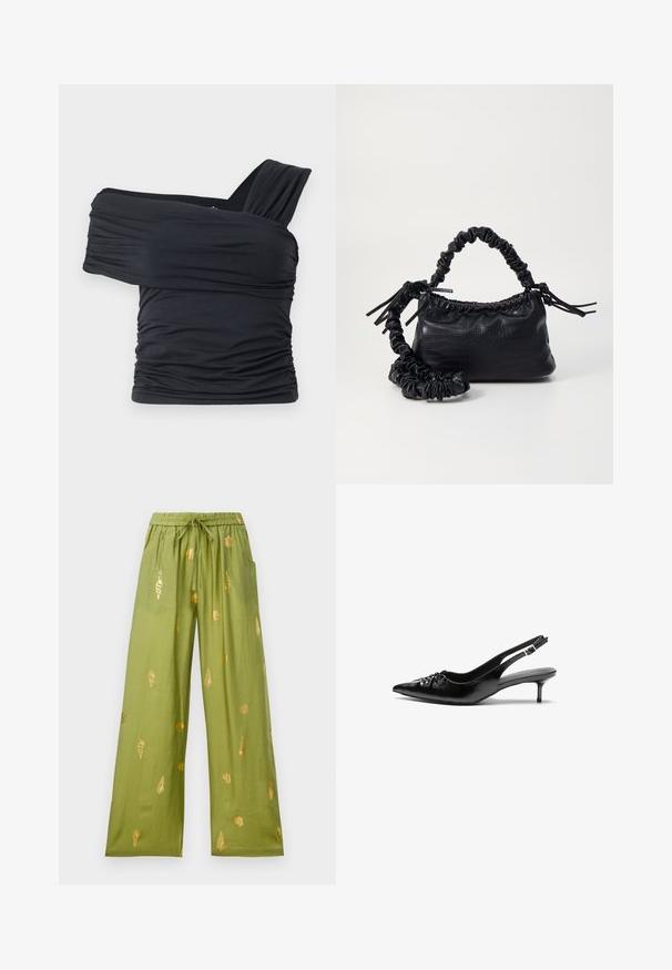 Fekete, vállnélküli felső, puha, rugalmas anyagból, fodros részletekkel és egyoldali széles pánttal.; Széles lábú, olívazöld nadrág rugalmas derékkal és húzózsinórral, arany kagyló- és csigamintákkal díszítve.; Fekete bőrből készült slingback magassarkú cipők hegyes orral, kis francia sarokkal és díszes csomóval az elején. Az egész felületen sima textúra.; Fekete műbőr kézi táska krokodil bőr textúrával, összehúzható tetejű és gyűrt pánttal. Lágy és kompakt dizájnúnak tűnik.
