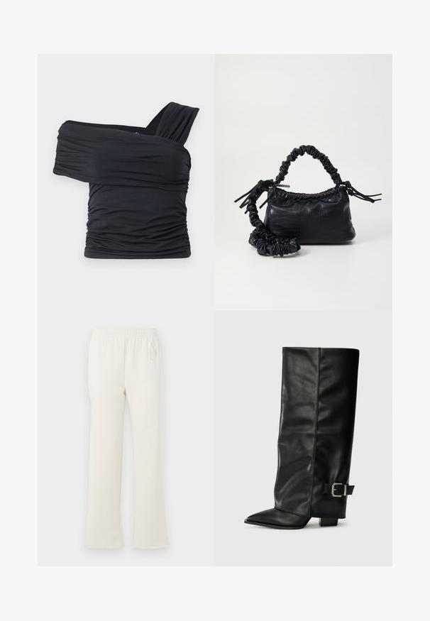 Juodas viršus be petnešų, pagamintas iš minkšto, elastingo audinio, su raukšlėtomis detalėmis ir plačios petnešos dizainu vienoje pusėje.; Kreminės spalvos treningai su elastingu juosmeniu ir subtiliu "GAP" logotipu viršutiniame kairiajame klube, rodomi baltame fone.; Juodų odinių kulkšninių batų su smailiu pirštu, lygia tekstūra ir sidabriniu sagties akcentu šone. Masyvūs kvadratiniai kulniukai.; Juodas dirbtinės odos rankinė su krokodilo tekstūra, sušnibždinta viršuje ir susikraipytu dirželiu. Atrodo minkšta ir kompaktiška.