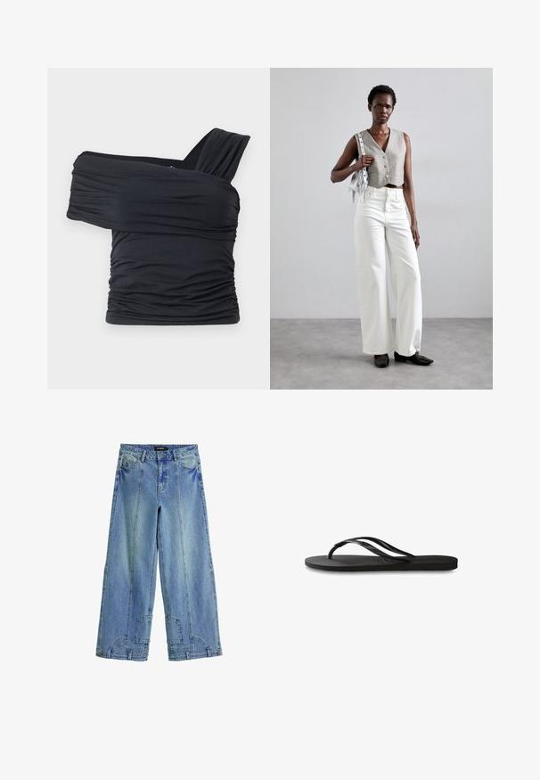 Juodas viršus be petnešų, pagamintas iš minkšto, elastingo audinio, su raukšlėtomis detalėmis ir plačios petnešos dizainu vienoje pusėje.; Šviesiai mėlynos plačios džinsinės kelnės, pasižyminčios aukštu liemeniu, akį traukiančiomis siuvimo detalėmis ir kišenėse radinys primenančiais akcentais.; Juodos šlepetės su tekstūruotu guminio pado, dviem siauromis dirželių ir subtiliu, įspaustu logotipo detalė ant dirželio.; Pilkas trumpas liemeniukas su sagomis, derinamas su baltomis plačiomis kelnėmis ir juodais butais be kulno. Papuoštas mažąja sidabrine frakcionuotų rankinuke.