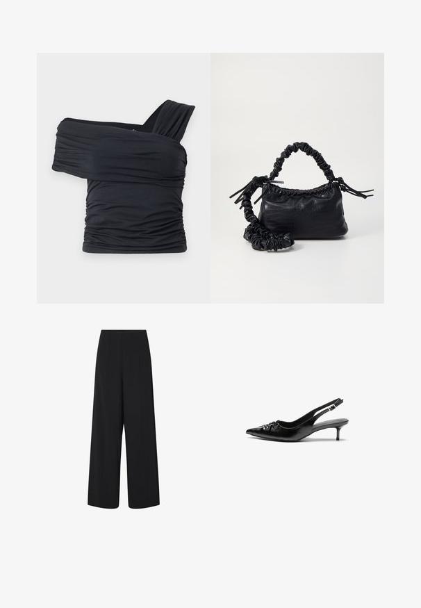 Crna bluzica bez naramenica napravljena od mekog, rastezljivog materijala, sa nabranim detaljima i širokim remenom s jedne strane.; Crne široke krojene hlače skraćene dužine s visokim strukom i bočnim džepovima, s diskretnim vertikalnim šavnim detaljima.; Crne kožne sandale na petu s remenom oko pete, špicastim vrhom, niskom petom u stilu kitten i naboranim detaljem na gornjem dijelu. Glatka tekstura i minimalistički dizajn.; Crna torba od umjetne kože s teksturom krokodila, s cinčanim vrhom i naboranom trakom. Izgleda mekano i kompaktno u dizajnu.