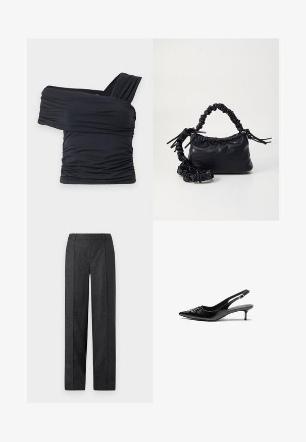 Schwarzes Off-Shoulder-Top aus weichem, elastischem Stoff, mit Rüschendetails und einem breiten Trägerdesign auf einer Seite.; Dunkelgraue maßgeschneiderte Hose mit geradem Beinschnitt, strukturiertem Stoff und subtilen Sprenkeln. Verfügt über einen flachen Bund und Gürtelschlaufen.; Schwarze Leder-Slingback-Absätze mit einer spitzen Zehenform, kleinen Kitten-Absätzen und einem dekorativen Knoten-Detail auf der Vorderseite. Glatte Textur über die gesamte Fläche.; Schwarze Handtasche aus Kunstleder mit Krokodilstruktur, gerafftem oberen Teil und einem geschoppten Tragegurt. Sie wirkt weich und kompakt im Design.