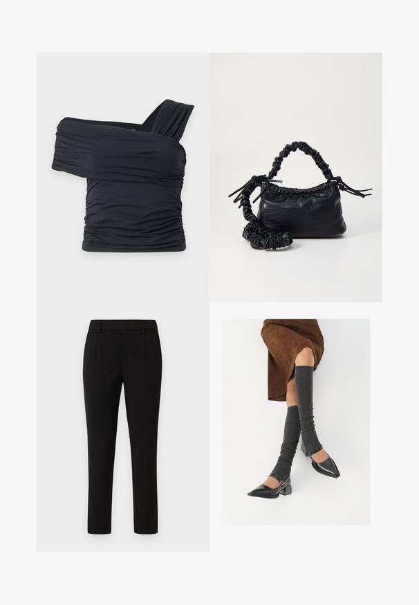 Schwarzes Off-Shoulder-Top aus weichem, elastischem Stoff, mit Rüschendetails und einem breiten Trägerdesign auf einer Seite.; Schwarze maßgeschneiderte Hose mit geradem Beinschnitt, aus glattem Stoff gefertigt. Mit flachem Vorderteil, Gürtelschlaufen und ohne Taschen.; Schwarze lacklederne spitze Schuhe mit Blockabsatz und Knöchelriemen, kombiniert mit grauen gerippten Beinstulpen und einem braunen Wildlederrock.; Schwarze Handtasche aus Kunstleder mit Krokodilstruktur, gerafftem oberen Teil und einem geschoppten Tragegurt. Sie wirkt weich und kompakt im Design.