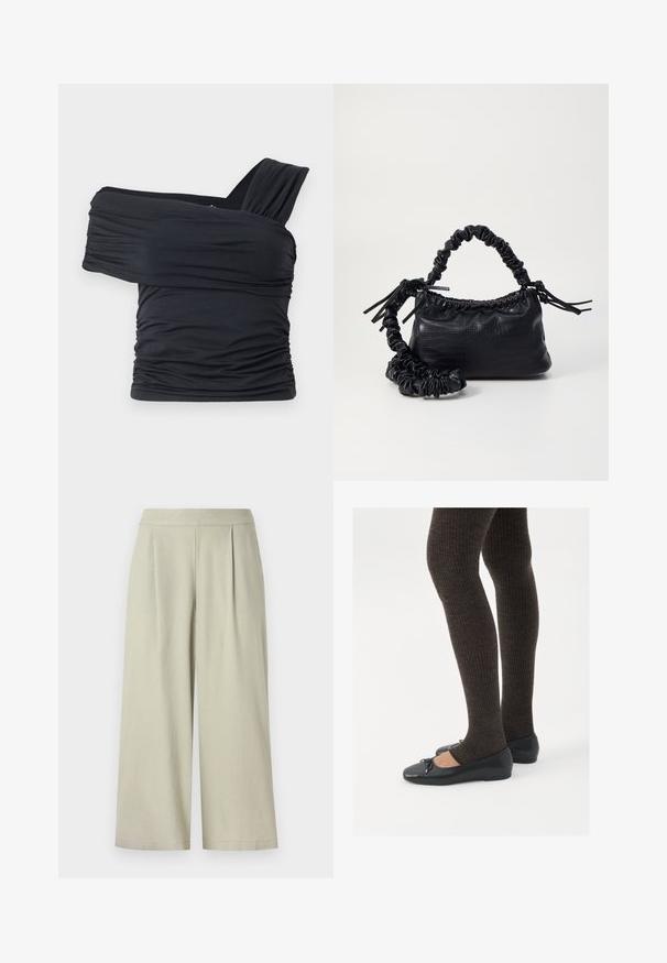 Juodas viršus be petnešų, pagamintas iš minkšto, elastingo audinio, su raukšlėtomis detalėmis ir plačios petnešos dizainu vienoje pusėje.; Šviesiai pilki platėjančio kirpimo kelnių, pagamintų iš švelnaus audinio, su lygiais juosmens kraštais ir priekinių klosčių detalėmis, ilgio iki vidurio blauzdos.; Juodos plokščios bateliai su maža kaspinėlio detale prie pirštų, derinami su tamsiai rudos spalvos raukšlėtomis pėdkelnėmis. Bateliai turi lygų paviršių ir žemą profilį.; Juodas dirbtinės odos rankinė su krokodilo tekstūra, sušnibždinta viršuje ir susikraipytu dirželiu. Atrodo minkšta ir kompaktiška.