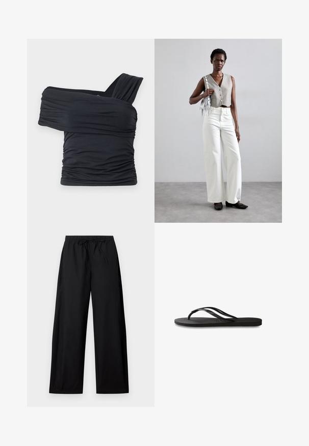 Schwarzes Off-Shoulder-Top aus weichem, elastischem Stoff, mit Rüschendetails und einem breiten Trägerdesign auf einer Seite.; Schwarze weit geschnittene Hose mit elastischem Bund und Kordelzug. Hergestellt aus leichtem Stoff, mit glatter Textur und schlichter Optik.; Schwarze Flip-Flops mit einer strukturierten Gummisohle, zwei schlanken Riemen und einem dezenten, geprägten Logo-Detail auf dem Riemen.; Grauer, verkürzter Weste mit Knöpfen, kombiniert mit weißen, weit geschnittenen Jeans und schwarzen flachen Schuhen. Ergänzt durch eine kleine silberne Fransenhandtasche.