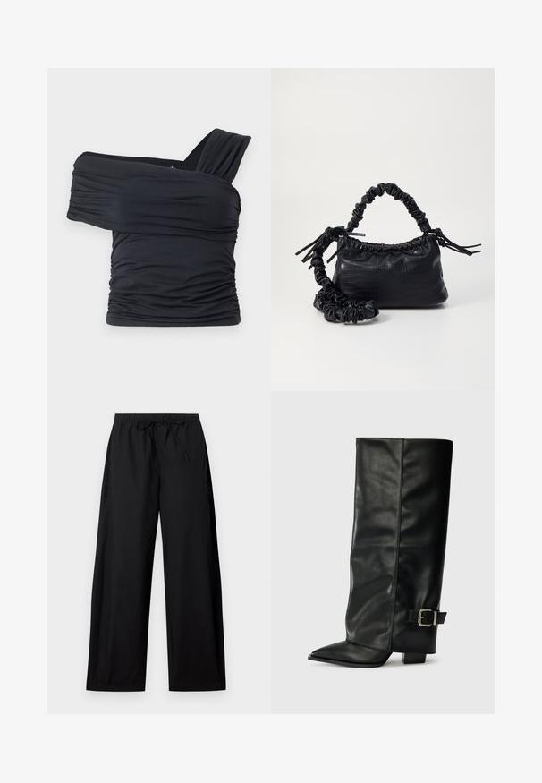 Top noir à épaules dénudées en tissu doux et extensible, présentant des détails froncés et une conception de large bretelle d'un côté.; Pantalons larges noirs avec une taille élastique et un cordon de serrage. Fabriqués en tissu léger, présentant une texture lisse et un design simple.; Bottes noires en cuir longueur cheville avec un bout pointu, texture lisse et une accent en boucle argentée sur le côté. Talon carré épais.; Sac à main en simili cuir noir avec une texture crocodile, un dessus resserré et une sangle froncée. A l'apparence douce et compacte.