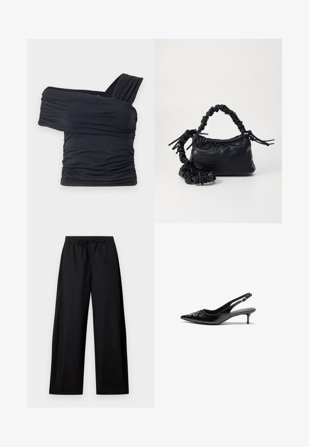 Black off-shoulder top made from soft, stretchy fabric, featuring ruched details and a wide strap design on one side.; Black wide-leg pants with an elastic waistband and drawstring. Made from lightweight fabric, featuring a smooth texture and simple design.; Black leather slingback heels with a pointed toe, small kitten heel, and a decorative knot detail on the front. Smooth texture throughout.; Black faux leather handbag with a crocodile texture, cinched top, and a scrunched strap. Appears soft and compact in design.