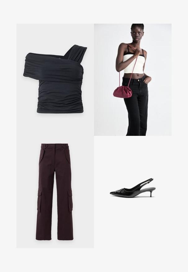 Black off-shoulder top made from soft, stretchy fabric, featuring ruched details and a wide strap design on one side.; Dark purple straight-leg cargo pants with flap pockets on sides, slanted front pockets, and belt loops at the waist.; Black leather slingback heels with a pointed toe, low kitten heel, and gathered detail on the vamp. Smooth texture and minimalist design.; Burgundy soft fabric handbag with a gathered design and a long strap, worn crossbody. Model wears a white crop top and black jeans.