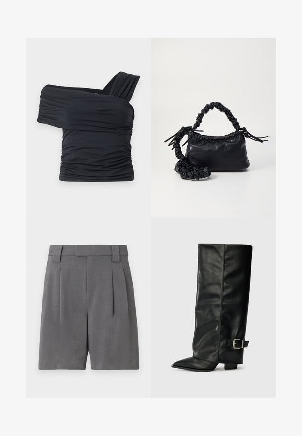 Czarny top bez ramion wykonany z miękkiego, elastycznego materiału, z marszczonymi detalami i szerokim paskiem po jednej stronie.; Szare, dopasowane szorty, wykonane z tkaniny o drobnej teksturze. Posiadają fałdy z przodu, szlufki na pasek oraz boczne kieszenie, co nadaje im schludny wygląd.; Czarne skórzane botki do kostek z ostrym noskiem, gładką fakturą i srebrnym zapięciem z boku. Gruby kwadratowy obcas.; Czarna torebka z syntetycznej skóry o teksturze krokodyla, z zaciąganym górnym zamknięciem i marszczonym paskiem. Wygląda na miękką i zwartą w designie.