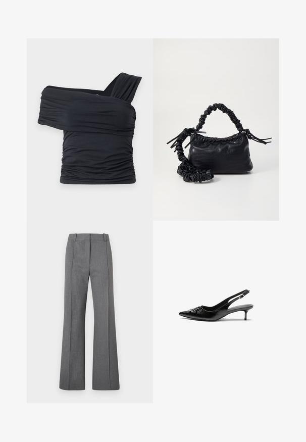 Black off-shoulder top made from soft, stretchy fabric, featuring ruched details and a wide strap design on one side.; Gray pinstriped flared trousers with a flat front, belt loops, and smooth texture. Full-length design with subtle pattern details.; Black leather slingback heels with a pointed toe, low kitten heel, and gathered detail on the vamp. Smooth texture and minimalist design.; Black faux leather handbag with a crocodile texture, cinched top, and a scrunched strap. Appears soft and compact in design.