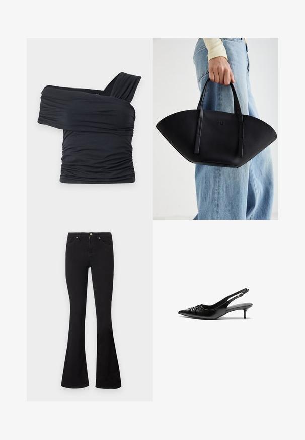 Black off-shoulder top made from soft, stretchy fabric, featuring ruched details and a wide strap design on one side.; Black high-waisted jeans with flared legs, front button and zip closure, and five-pocket styling on a white background.; Black leather slingback heels with a pointed toe, small kitten heel, and a decorative knot detail on the front. Smooth texture throughout.; Black leather handbag with a unique fan shape, featuring flat handles. The surface has a pebbled texture and a minimalistic design.