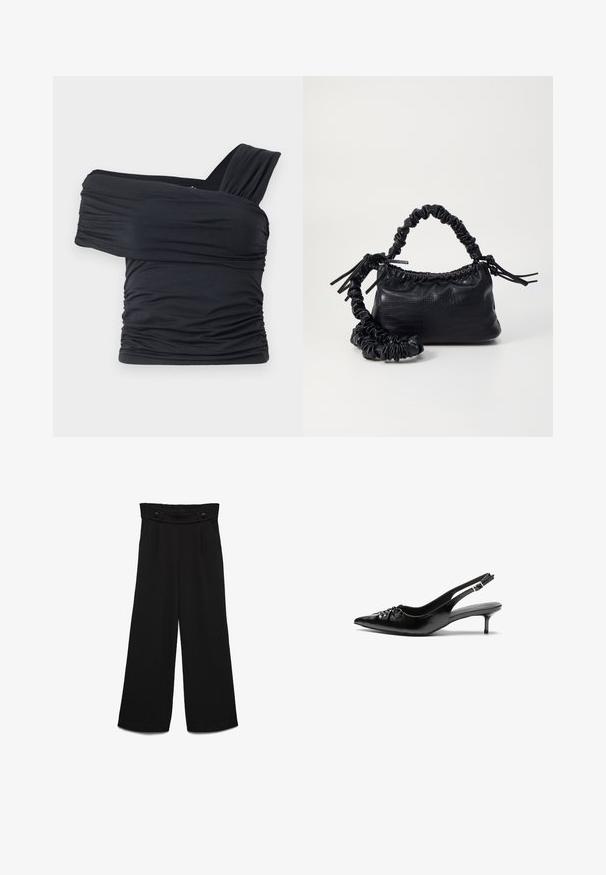 Must mustriba mustreenipee peal pehmed kudumeeliselt ja venivast kangast, omades rikutud detaile ja laia rihma disaini ühel küljel.; Mustad laia säärega püksid kõrge vöökohaga, kahel ees nupul ja siledal pinnal. Sirge lõige esil voltidega.; Musthave nahkased kõrged kontsad, millel on terav varvas, väike kitten-kont ja dekoratiivne sõlm ees. Ühtlane sile tekstuur.; Must must sünteetilisest nahast käekott, millel on krokodillimuster, kokku tõmmatav ülaosa ja kortsus rihm. Tundub pehme ja kompaktne disain.