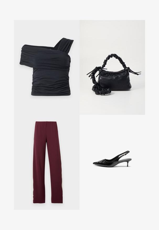 Top noir à épaules dénudées en tissu doux et extensible, présentant des détails froncés et une conception de large bretelle d'un côté.; Pantalons de sport bordeaux avec une taille élastique, dotés d'une bande latérale verte olive contrastante, d'une coupe droite et d'une texture lisse.; Des escarpins en cuir noir à talon slingback, avec un bout pointu, un petit talon kitten et un détail de nœud décoratif à l'avant. Texture lisse sur toute la surface.; Sac à main en simili cuir noir avec une texture crocodile, un dessus resserré et une sangle froncée. A l'apparence douce et compacte.