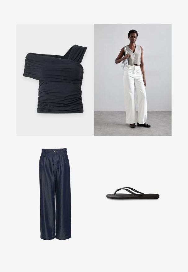 Melna off-shoulder gapģē jeb topiņš, kas izgatavots no mīksta, elastīga auduma, ar ručām un plašo siksnu dizainu vienā pusē.; Jūras zila denima platā kāju bikses ar augsto jostasvietu, kas raksturo priekšējie krokas un zelta izšuvumi, gluda tekstūra un pogu aizdare.; Melni čības ar teksturētu gumijas zoli, divām plānām siksniņām un smalku, iespiedotu logotipa detaļu uz siksniņas.; Pelēks īss vests ar pogām, apvienots ar baltām platām biksēm un melniem plakanajiem apaviem. Aksesuārs - mazs sudraba frizētājs.