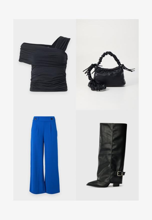 Fekete, vállnélküli felső, puha, rugalmas anyagból, fodros részletekkel és egyoldali széles pánttal.; Szerteágazó nadrág élénk kék anyagból, sminkelt derékpánttal, amelyen két fekete gomb található, és elöl redők díszítik. Puha tapintású, nincs látható minta.; Fekete bőr bokáig érő csizmák hegyes orral, sima felülettel és ezüst csattal az oldalon. Tömbös négyzet alakú sarok.; Fekete műbőr kézi táska krokodil bőr textúrával, összehúzható tetejű és gyűrt pánttal. Lágy és kompakt dizájnúnak tűnik.