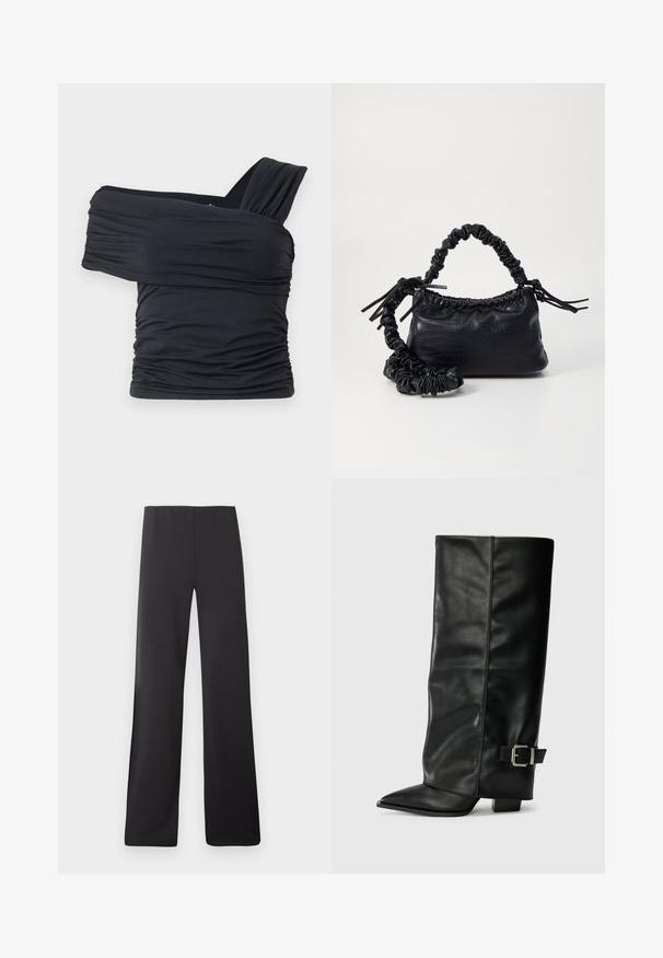 Zwarte off-shoulder top gemaakt van zachte, rekbare stof, met gerimpelde details en een bredere bandontwerp aan één kant.; Zwarte wijde broek gemaakt van een gladde stof, met een hoge taille en een volledige lengte, zonder zichtbare patronen of hardware.; Zwarte leren enkellange laarzen met een spitse neus, een gladde textuur en een zilveren gesps Accent aan de zijkant. Stevige vierkante hak.; Zwarte nepleer handtas met een krokodillenstructuur, opgedroogde bovenkant en een gekreukte hengsel. Het lijkt zacht en compact van ontwerp.