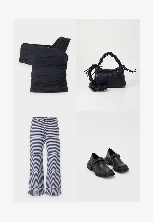 Black off-shoulder top made from soft, stretchy fabric, featuring ruched details and a wide strap design on one side.; Hollister Co. MAY BAGGY PULL ON - Tracksuit bottoms - dark blue/white; Black leather shoes with a rounded toe, flat sole, and a strap with a buckle detail. Chunky block heel for added stability.; Black faux leather handbag with a crocodile texture, cinched top, and a scrunched strap. Appears soft and compact in design.