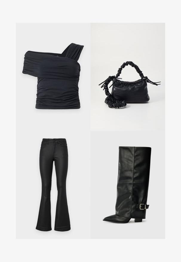 Schwarzes Off-Shoulder-Top aus weichem, elastischem Stoff, mit Rüschendetails und einem breiten Trägerdesign auf einer Seite.; Schwarze, weit geschnittene Jeans aus glattem Stoff. Verfügt über fünf Taschen, eine taillierte Taille und einen weiten Beinabschluss am Saum.; Schwarze Lederstiefeletten in Knöchellänge mit spitzem Zehenbereich, glatter Oberfläche und silberner Schnallenakzent an der Seite. Massiver, quadratischer Absatz.; Schwarze Handtasche aus Kunstleder mit Krokodilstruktur, gerafftem oberen Teil und einem geschoppten Tragegurt. Sie wirkt weich und kompakt im Design.