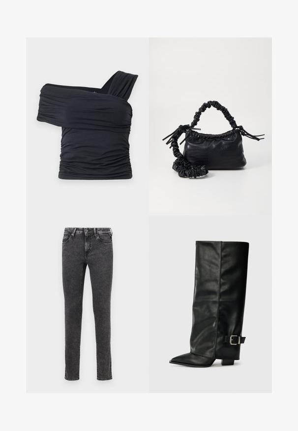 Crna bluzica bez naramenica napravljena od mekog, rastezljivog materijala, sa nabranim detaljima i širokim remenom s jedne strane.; Crne traperice od denima slim kroja, s dizajnom od pet džepova i metalnim kopčanjem. Sadrže izblijedjeli izgled i suptilno istrošeni tekstur.; Crne kožne čizme do gležnja sa šiljastim vrhom, glatkom teksturom i srebrnim kopčanjem sa strane. Debela kvadratna peta.; Crna torba od umjetne kože s teksturom krokodila, s cinčanim vrhom i naboranom trakom. Izgleda mekano i kompaktno u dizajnu.