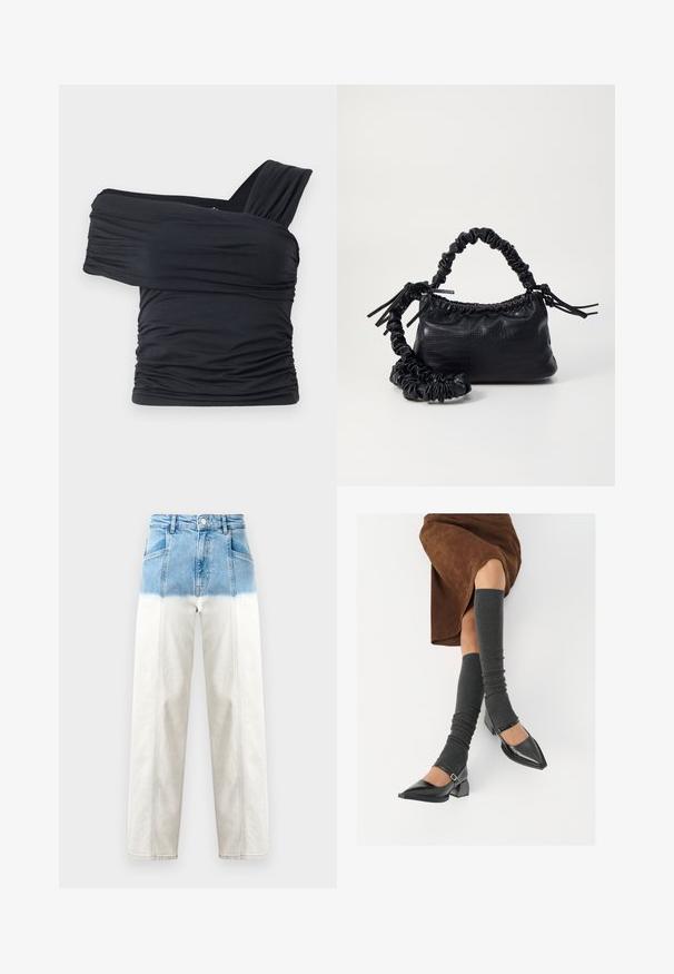 Melna off-shoulder gapģē jeb topiņš, kas izgatavots no mīksta, elastīga auduma, ar ručām un plašo siksnu dizainu vienā pusē.; Džinsu bikses ir ar zilu augšējo daļu, kas izbalē līdz baltai. Augstais jostasvieta, taisnas kāju siluets un uzskatāmas dūriena detaļas.; Melnas laka ādas apavi ar norādītu purngalu, blokveida papēdi un potīšu jostu, saskaņoti ar pelēkām ribotām kāju sildītājām un brūnu zamšādas svārku.; Melnā mākslīgās ādas rokassoma ar krokodila rakstu, savilkta augšdaļa un saburzīta siksna. Izskatās mīksta un kompakta pēc dizaina.