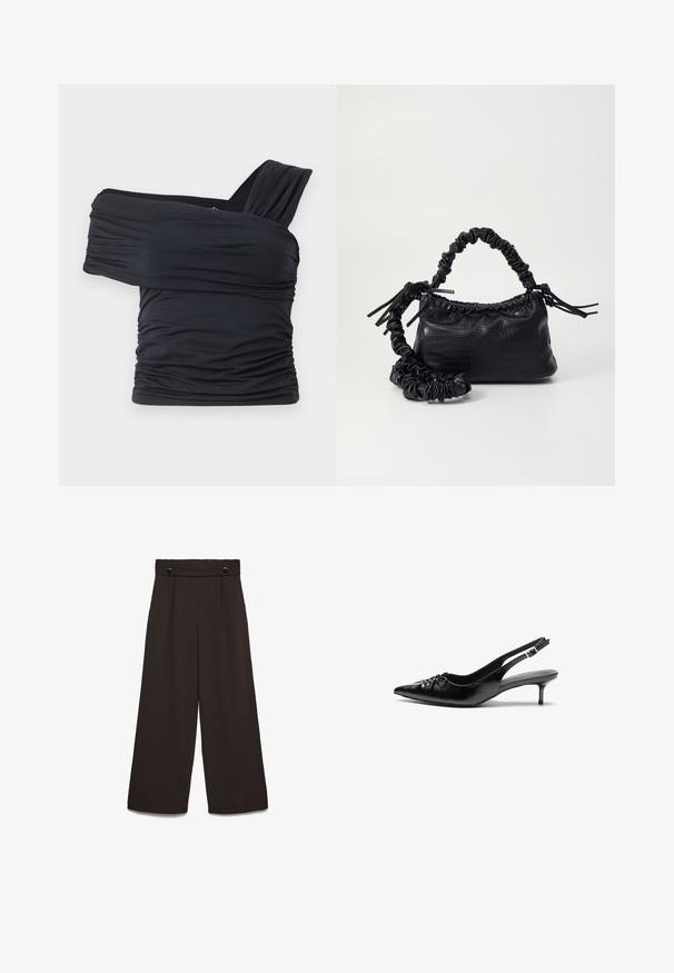 Black off-shoulder top made from soft, stretchy fabric, featuring ruched details and a wide strap design on one side.; Wide-leg trousers in dark brown fabric, featuring a high waistband, two front pockets, and two front buttons for closure. Smooth texture.; Black leather slingback heels with a pointed toe, small kitten heel, and a decorative knot detail on the front. Smooth texture throughout.; Black faux leather handbag with a crocodile texture, cinched top, and a scrunched strap. Appears soft and compact in design.