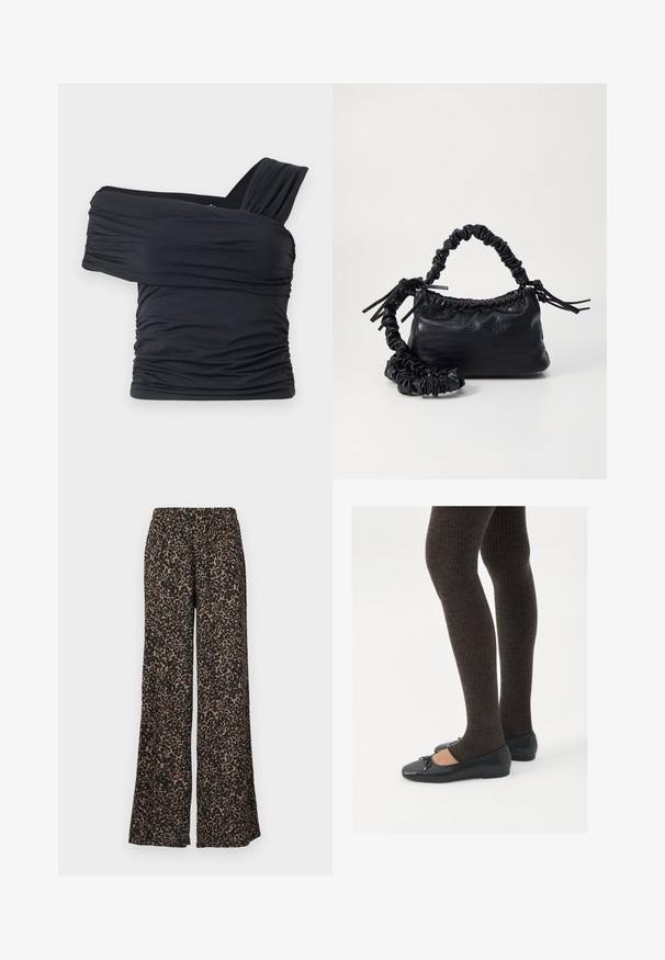 Czarny top bez ramion wykonany z miękkiego, elastycznego materiału, z marszczonymi detalami i szerokim paskiem po jednej stronie.; Spodnie o szerokich nogawkach w wzór w panterkę w odcieniach czerni i brązu, wykonane z lekkiego materiału, z elastycznym pasem.; Czarne płaskie buty z małym kokardkowym detalem na palcach, zestawione z ciemnobrązowymi rajstopami w prążki. Buty mają gładką teksturę i niski profil.; Czarna torebka z syntetycznej skóry o teksturze krokodyla, z zaciąganym górnym zamknięciem i marszczonym paskiem. Wygląda na miękką i zwartą w designie.