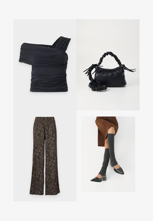 Fekete, vállnélküli felső, puha, rugalmas anyagból, fodros részletekkel és egyoldali széles pánttal.; Széles szárú nadrág, leopárdmintázattal fekete és barna árnyalatokban, könnyű anyagból készült, rugalmas derékkal.; Fekete lakk bőrből készült, hegyes orrú cipők, tömbsarkúakkal és bokapánttal, szürke bordás lábszármelegítőkkel és barna velúr szoknyával párosítva.; Fekete műbőr kézi táska krokodil bőr textúrával, összehúzható tetejű és gyűrt pánttal. Lágy és kompakt dizájnúnak tűnik.