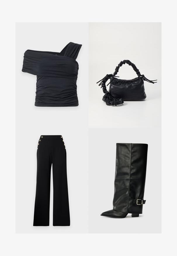 Top negru, cu umeri golași, fabricat dintr-un material moale și elastic, având detalii plissate și un design cu bretele late pe o parte.; Pantaloni negri cu talie înaltă și lărgime mare, cu butoane aurii pe partea din față și buzunare pe ambele șolduri, pe un fundal alb.; Botine din piele neagră, până la gleznă, cu vârf ascuțit, textură netedă și un accent cu cataramă argintie pe lateral. Toc pătrat masiv.; Geantă din faux leather neagră cu textură de crocodil, cu partea superioară strânsă și o curea mototolită. Pare moale și compactă ca design.