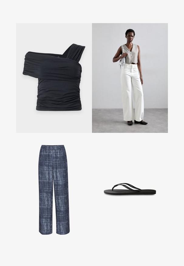 Fekete, vállnélküli felső, puha, rugalmas anyagból, fodros részletekkel és egyoldali széles pánttal.; Gestuz DEMIA PANTS - Nadrágok - dark blue; Fekete papucs texturált gumitalppal, két vékony pánttal és finom, domború logóval a pánton.; Szürke, gombos cropped mellény, fehér, széles szárú farmernadrággal és fekete lapossarkú cipővel párosítva. Kiegészítve egy kis ezüst francia táskával.