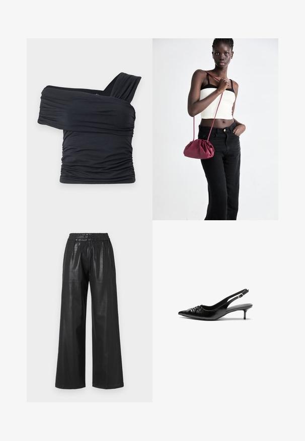 Black off-shoulder top made from soft, stretchy fabric, featuring ruched details and a wide strap design on one side.; Black faux leather wide-leg pants with an elastic waistband, featuring a smooth texture and two front pockets.; Black leather slingback heels with a pointed toe, low kitten heel, and gathered detail on the vamp. Smooth texture and minimalist design.; Burgundy soft fabric handbag with a gathered design and a long strap, worn crossbody. Model wears a white crop top and black jeans.
