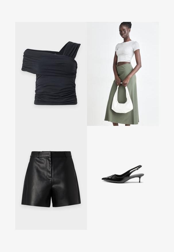 Crna bluzica bez naramenica napravljena od mekog, rastezljivog materijala, sa nabranim detaljima i širokim remenom s jedne strane.; Crne kožne šortse s glatkom teksturom, s prilagođenim strukom, detaljnim prednjim šavom i bočnim prorezima za dodatni stil.; Crne kožne sandale na petu s remenom oko pete, špicastim vrhom, niskom petom u stilu kitten i naboranim detaljem na gornjem dijelu. Glatka tekstura i minimalistički dizajn.; Sivi rebrasti crop top i maslinasto zeleni suknja visokog struka. Model drži bijelu torbu preko ramena s izrezima. Jednostavan dizajn, tijesna silueta.