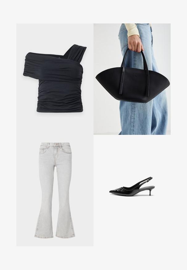 Black off-shoulder top made from soft, stretchy fabric, featuring ruched details and a wide strap design on one side.; Light gray flared jeans with a classic five-pocket design, slim fit through the thigh and flared cuffs at the ankle.; Black leather slingback heels with a pointed toe, small kitten heel, and a decorative knot detail on the front. Smooth texture throughout.; Black leather handbag with a unique fan shape, featuring flat handles. The surface has a pebbled texture and a minimalistic design.