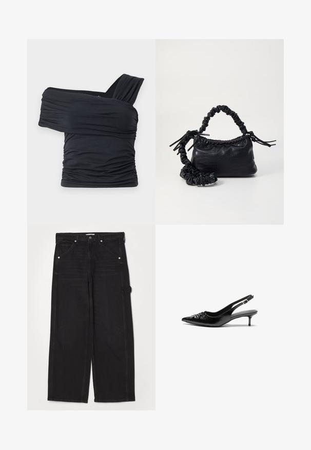 Melna off-shoulder gapģē jeb topiņš, kas izgatavots no mīksta, elastīga auduma, ar ručām un plašo siksnu dizainu vienā pusē.; RE/DONE PAINTER JEAN - Brīva piegriezuma džinsi - crafted black; Melni ādas sandales ar norādītu pirkstu, mazu kaķa papēdi un dekoratīvu mezglu detaļu priekšā. Gluda tekstūra visā virsmā.; Melnā mākslīgās ādas rokassoma ar krokodila rakstu, savilkta augšdaļa un saburzīta siksna. Izskatās mīksta un kompakta pēc dizaina.