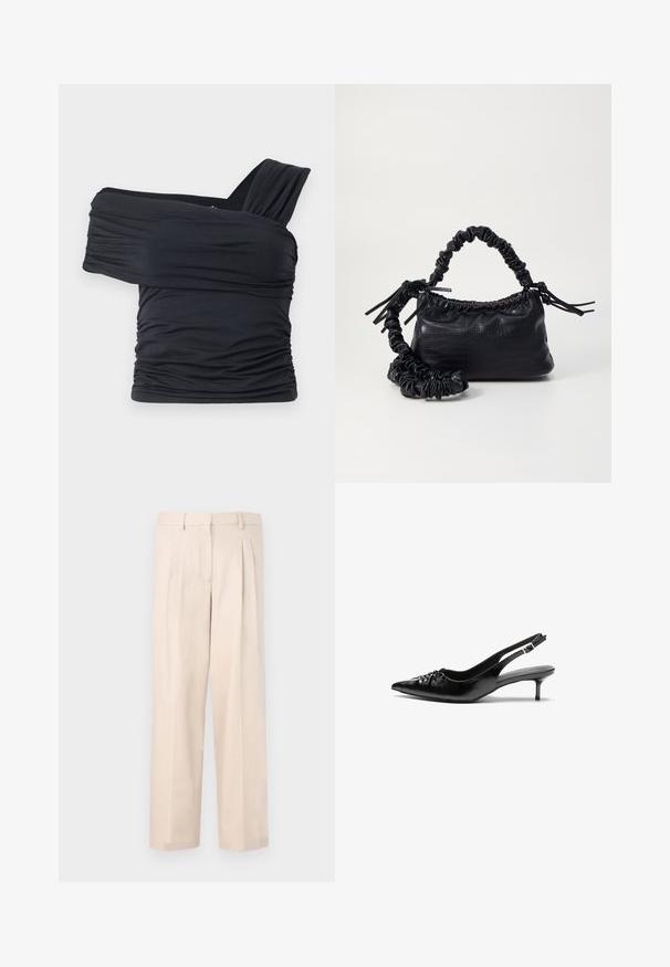 Black off-shoulder top made from soft, stretchy fabric, featuring ruched details and a wide strap design on one side.; Beige trousers with pleats, made of smooth fabric. Features a waistband with belt loops and straight leg design, no visible pockets.; Black leather slingback heels with a pointed toe, small kitten heel, and a decorative knot detail on the front. Smooth texture throughout.; Black faux leather handbag with a crocodile texture, cinched top, and a scrunched strap. Appears soft and compact in design.