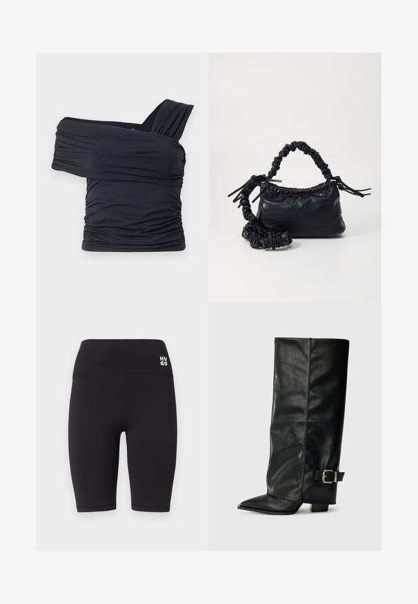Top nero senza spalline realizzato in tessuto morbido e elasticizzato, con dettagli arricciati e un design con fascia larga su un lato.; Pantaloni ciclistici neri realizzati in un tessuto leggero e elastico. Presentano una vita alta con il logo bianco "HUGO" sul davanti.; Stivali neri in pelle fino alla caviglia con punta affusolata, texture liscia e una fibbia argentata accento sul lato. Tacco quadrato spesso.; Borsa a tracolla in ecopelle nera con texture a coccodrillo, apertura cinchata e tracolla arricciata. Si presenta con un design morbido e compatto.