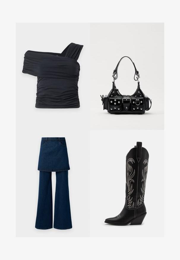 Crna bluzica bez naramenica napravljena od mekog, rastezljivog materijala, sa nabranim detaljima i širokim remenom s jedne strane.; Tamne traperice od tamnog denima s preklopnom suknjom, širokih nogavica i džepovima, završene čistim rubom i klasičnim šavovima.; Crne kožne kauboj čizme s šiljastim prstima, klinastim potpeticama i srebrnim izvezenim cvjetnim uzorcima duž osovine. Kontrastni šavovi posvuda.; Crna kožna torba s zakrivljenim dizajnom, koja sadrži srebrne zakovice, kopču i dva bočna džepa. Podesiva traka za različite opcije nošenja.