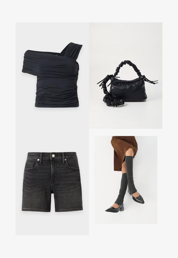 Juodas viršus be petnešų, pagamintas iš minkšto, elastingo audinio, su raukšlėtomis detalėmis ir plačios petnešos dizainu vienoje pusėje.; Juodi džinsiniai šortai su klasikine penkių kišenių išvaizda, su priekiniu užsegimu mygtuku ir vos matomu blukimu, suteikiančiu tekstūrą.; Juodi lakuoti odiniai batai su aštriu kuma ir bloko kulnu, derinami su pilkais riebiais kojų šildytuvais ir rudais zomšiniais sijonais.; Juodas dirbtinės odos rankinė su krokodilo tekstūra, sušnibždinta viršuje ir susikraipytu dirželiu. Atrodo minkšta ir kompaktiška.