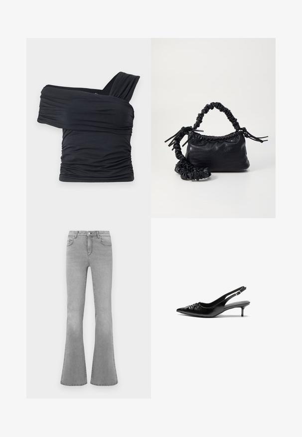 Schwarzes Off-Shoulder-Top aus weichem, elastischem Stoff, mit Rüschendetails und einem breiten Trägerdesign auf einer Seite.; Graue Schlagjeans aus Denim, mit einem klassischen Fünf-Taschen-Design, einem Reißverschluss und subtilen Verblassungen entlang der Beine.; Schwarze Leder-Slingback-Absätze mit einer spitzen Zehenform, kleinen Kitten-Absätzen und einem dekorativen Knoten-Detail auf der Vorderseite. Glatte Textur über die gesamte Fläche.; Schwarze Handtasche aus Kunstleder mit Krokodilstruktur, gerafftem oberen Teil und einem geschoppten Tragegurt. Sie wirkt weich und kompakt im Design.