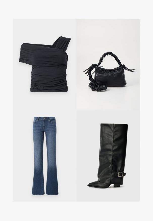 Black off-shoulder top made from soft, stretchy fabric, featuring ruched details and a wide strap design on one side.; Flared blue jeans made of denim, featuring a medium wash, five pockets, and a zip fly with a button closure. Smooth texture.; Black leather ankle-length boots with a pointed toe, smooth texture, and a silver buckle accent on the side. Chunky square heel.; Black faux leather handbag with a crocodile texture, cinched top, and a scrunched strap. Appears soft and compact in design.
