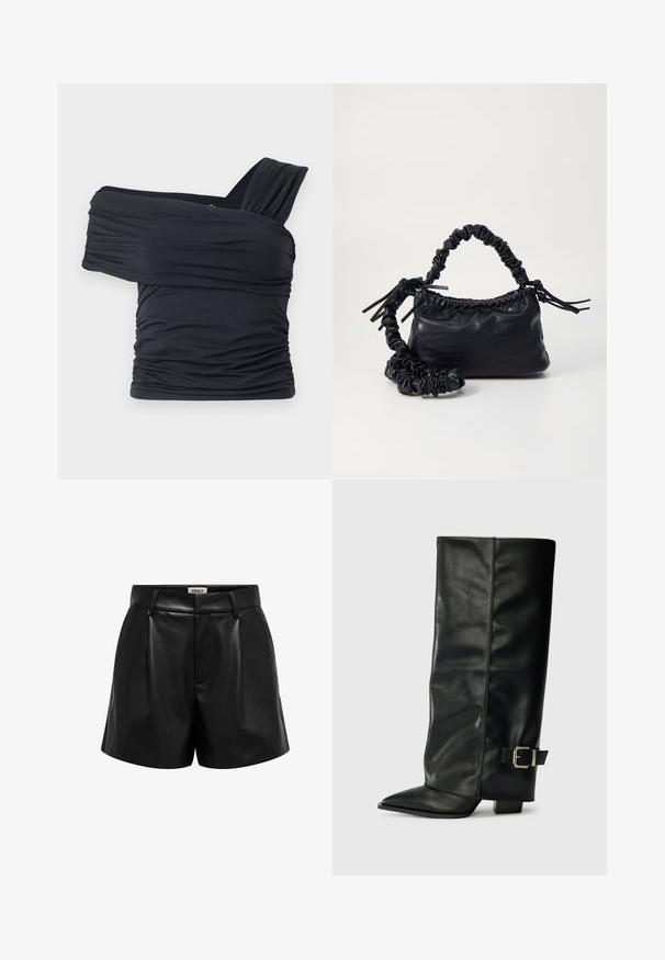 Top noir à épaules dénudées en tissu doux et extensible, présentant des détails froncés et une conception de large bretelle d'un côté.; Shorts taille haute en simili cuir noir avec passants de ceinture, plis à l'avant et fermeture éclair dissimulée, étiquetés "ONLY" à l'intérieur de la ceinture.; Bottes noires en cuir longueur cheville avec un bout pointu, texture lisse et une accent en boucle argentée sur le côté. Talon carré épais.; Sac à main en simili cuir noir avec une texture crocodile, un dessus resserré et une sangle froncée. A l'apparence douce et compacte.