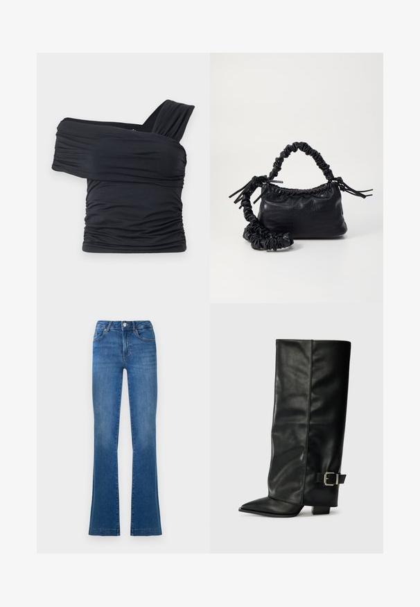 Must mustriba mustreenipee peal pehmed kudumeeliselt ja venivast kangast, omades rikutud detaile ja laia rihma disaini ühel küljel.; Sinised laiad teksapüksid, mis on valmistatud denimist, klassikalise viie-tasku kujundusega, ees nupuga kinni pandavad ja reite piirkonnas veidi kulunud kohtadega.; Mustad musta nahast pahkluu kingad, millel on terav nina, sile tekstuur ja hõbedane pandlaaksent küljel. Tõmblukuga suur ruudukujuline konts.; Must must sünteetilisest nahast käekott, millel on krokodillimuster, kokku tõmmatav ülaosa ja kortsus rihm. Tundub pehme ja kompaktne disain.