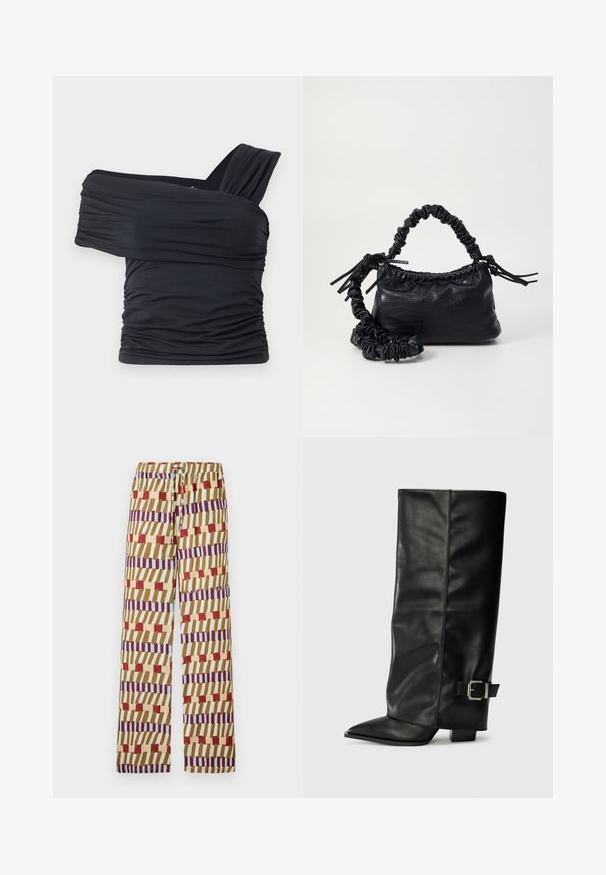 Top noir à épaules dénudées en tissu doux et extensible, présentant des détails froncés et une conception de large bretelle d'un côté.; Un pantalon à motifs colorés avec un taille élastique à cordon de serrage, confectionné en tissu léger. Le design comprend des rayures rouges, bleues et jaunes.; Bottes noires en cuir longueur cheville avec un bout pointu, texture lisse et une accent en boucle argentée sur le côté. Talon carré épais.; Sac à main en simili cuir noir avec une texture crocodile, un dessus resserré et une sangle froncée. A l'apparence douce et compacte.