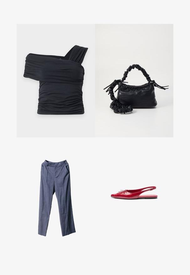 Čierny top bez ramienok vyrobený z jemného, elastického materiálu, s nariasenými detailmi a širokým dizajnom ramienka na jednej strane.; Námornícke modré pruhované nohavice s voľným strihom, elastickým pásom, bočnými vreckami a hladkým, ľahkým materiálom.; Červené kožené slingback ploché topánky s š piatym prstom a dekoračným šnurovaním vpredu, s úzkym členkovým pásom a plochou podrážkou.; Čierna umelá kožená kabelka s kroko vzorom, sťahovaným vrchom a zhnutým popruhom. Vyzerá mäkko a kompaktné v dizajne.