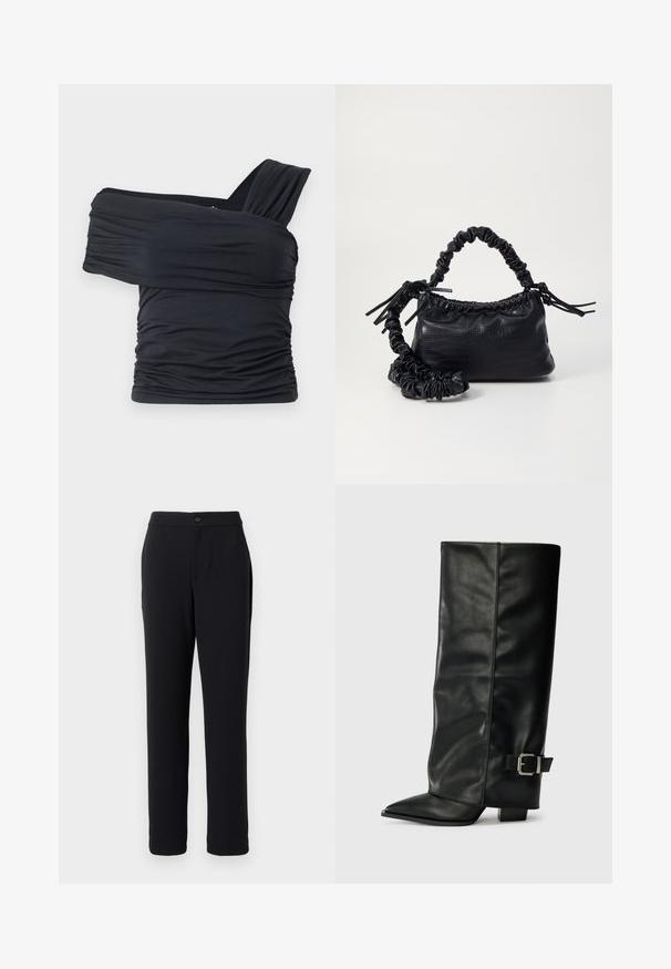Zwarte off-shoulder top gemaakt van zachte, rekbare stof, met gerimpelde details en een bredere bandontwerp aan één kant.; Zwarte broek met een rechte pijpdesign, gemaakt van gladde stof. Voorzien van een sluiting met knoop aan de voorkant en zijzakken.; Zwarte leren enkellange laarzen met een spitse neus, een gladde textuur en een zilveren gesps Accent aan de zijkant. Stevige vierkante hak.; Zwarte nepleer handtas met een krokodillenstructuur, opgedroogde bovenkant en een gekreukte hengsel. Het lijkt zacht en compact van ontwerp.