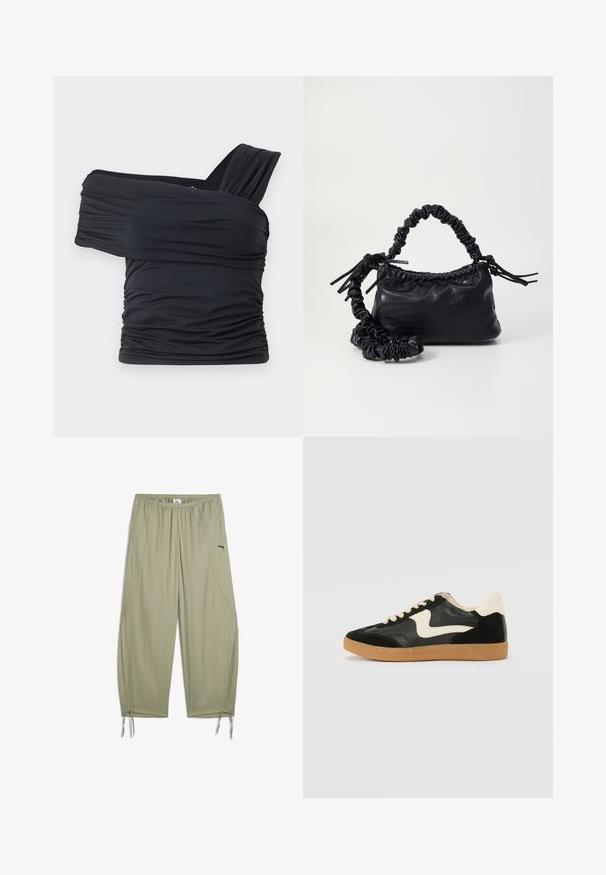 Musta olkaimeton toppi, joka on valmistettu pehmeästä ja venyvästä kankaasta, jossa on rypytysdetaljeja ja leveä olkaintyyli yhdellä puolella.; Housut vaaleanoliivinvihreästä kevyestä kankaasta, joissa on joustava vyötärö ja säädettävät lahkeensuukkeet, sekä pieni musta logo sivulla.; Mustat mokka- ja nahkakengät, joissa on kermaisen valkoinen sivupainatus ja vaalea kermaisine kantapää. Varustettu beigeillä nauhoilla ja kumista valmistetulla ulkopohjalla.; Must-have mustekahvi nahkalaukku krokotiiliaistalla, kiristetty yläosa ja rypistetty hihna. Näyttää pehmeältä ja kompaktilta muotoilultaan.