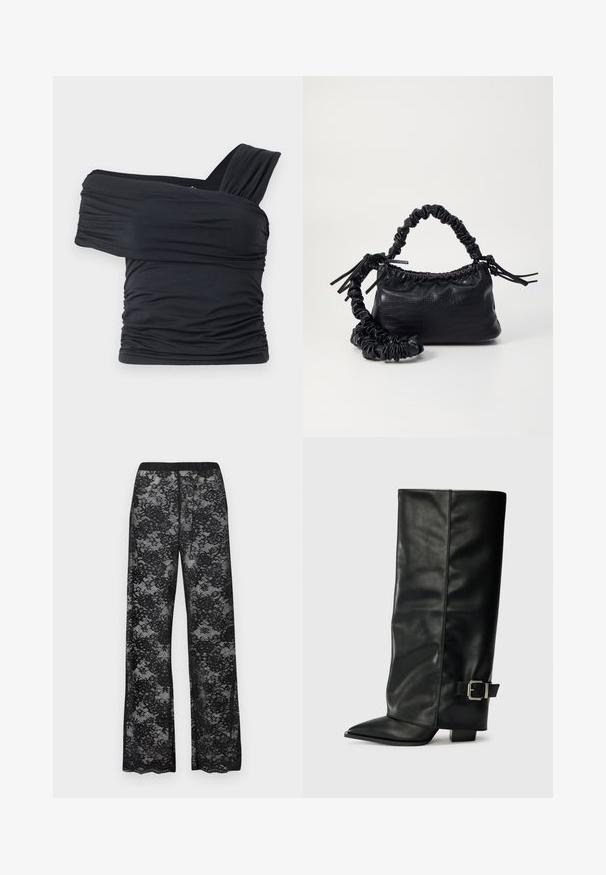 Črna majica brez naramnic, izdelana iz mehkega in raztegljivega materiala, z nabranimi detajli in širokim trakastim dizajnom na eni strani.; Črne spuščenke iz čipke z prosojno tkanino, ki ima cvetlične vzorce, širokim krojem in elastičnim pasom za udobje.; Črne usnjene gležnjarje do gležnjev z ostrim nosom, gladko teksturo in srebrnim sponko akcentom na strani. Debel kvadratni peti.; Črna torbica iz umetnega usnja s krokodilovo teksturo, z zvitim vrhom in zmečkano naramico. Zdi se mehka in kompaktna v oblikovanju.