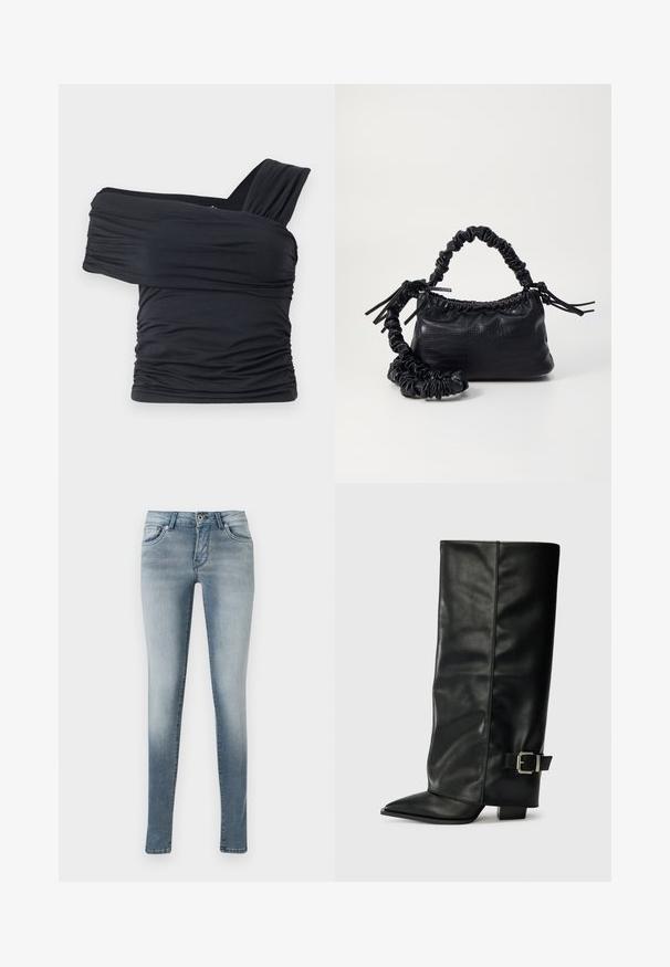 Black off-shoulder top made from soft, stretchy fabric, featuring ruched details and a wide strap design on one side.; Light blue skinny jeans, made of denim, featuring five-pocket design, button and zipper closure, and a slight fade effect on the legs.; Black leather ankle-length boots with a pointed toe, smooth texture, and a silver buckle accent on the side. Chunky square heel.; Black faux leather handbag with a crocodile texture, cinched top, and a scrunched strap. Appears soft and compact in design.